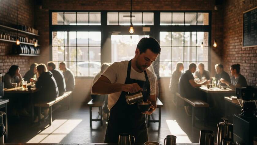 A dynamic, wide-angle shot of a bustling Yarraville cafe interior, captured with professional Yarraville commercial photography for local brand storytelling. Sunlight streams through large windows, highlighting a barista expertly pouring latte art, while customers engage in lively conversation. The atmosphere is vibrant, warm, and inviting, showcasing the essence of a thriving local business.