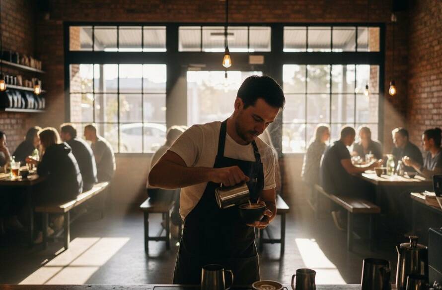 A dynamic, wide-angle shot of a bustling Yarraville cafe interior, captured with professional Yarraville commercial photography for local brand storytelling. Sunlight streams through large windows, highlighting a barista expertly pouring latte art, while customers engage in lively conversation. The atmosphere is vibrant, warm, and inviting, showcasing the essence of a thriving local business.