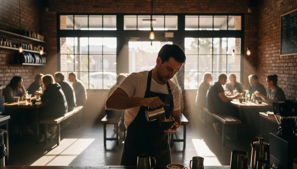 A dynamic, wide-angle shot of a bustling Yarraville cafe interior, captured with professional Yarraville commercial photography for local brand storytelling. Sunlight streams through large windows, highlighting a barista expertly pouring latte art, while customers engage in lively conversation. The atmosphere is vibrant, warm, and inviting, showcasing the essence of a thriving local business.