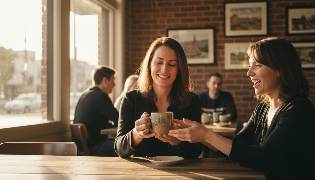 An epic moment of a local Yarraville artisan proudly showcasing their handcrafted product in a sun-drenched cafe, expertly captured through Yarraville creative advertising photography, highlighting meticulous detail and brand essence with dramatic backlighting and professional colour grading.