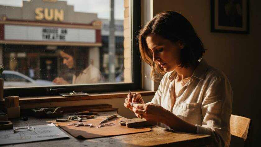 Dramatic shot of a local Melbourne artisan, bathed in warm, cinematic light, intensely focused on their craft within a charming Yarraville laneway cafe, embodying premium Yarraville editorial photography for Melbourne brands.