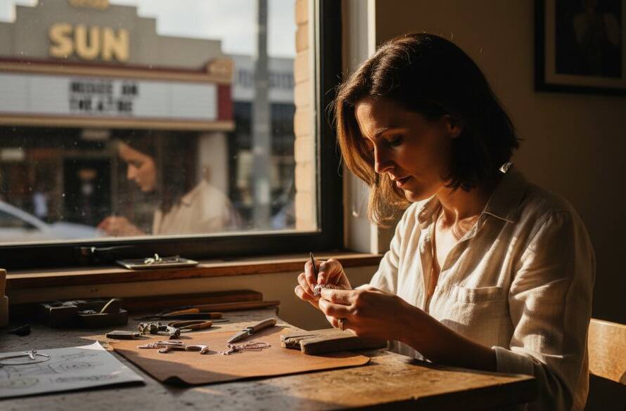Dramatic shot of a local Melbourne artisan, bathed in warm, cinematic light, intensely focused on their craft within a charming Yarraville laneway cafe, embodying premium Yarraville editorial photography for Melbourne brands.