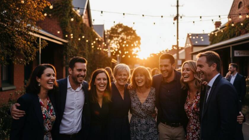 A joyous candid moment captured by Yarraville event photography capturing unique village charm, showing guests laughing heartily under string lights at a vibrant outdoor celebration in Yarraville, with the iconic Sun Theatre's facade softly blurred in the background, bathed in warm, cinematic light.