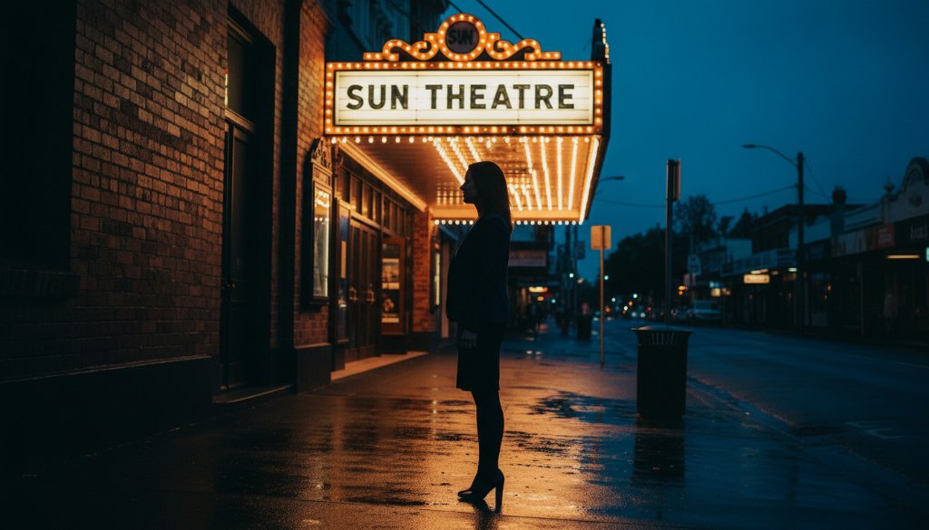 Yarraville Fine Art Photography capturing timeless urban elegance: A dramatic, wide-angle shot of a couple sharing a tender moment under the warm glow of the Yarraville Sun Theatre marquee lights at dusk, professional colour grading, cinematic atmosphere.