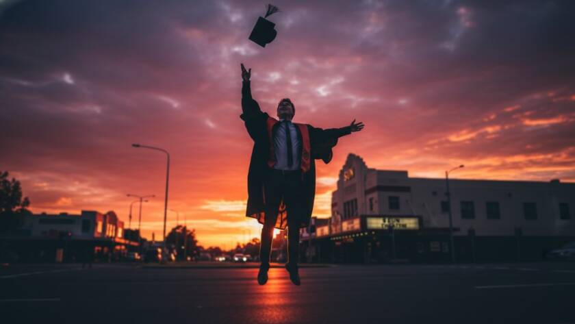 A wide, dramatic shot of a jubilant graduate in cap and gown, framed against the iconic Yarraville Sun Theatre facade, tossing their cap into a vibrant sunset sky. This Yarraville graduation photography unforgettable moments capture epitomises success.