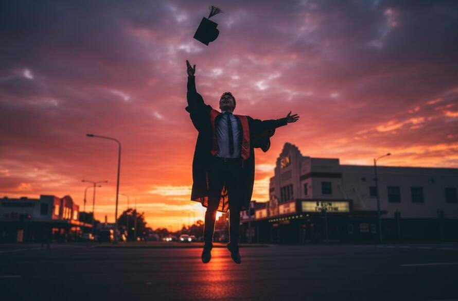 A wide, dramatic shot of a jubilant graduate in cap and gown, framed against the iconic Yarraville Sun Theatre facade, tossing their cap into a vibrant sunset sky. This Yarraville graduation photography unforgettable moments capture epitomises success.