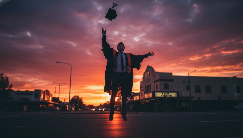 A wide, dramatic shot of a jubilant graduate in cap and gown, framed against the iconic Yarraville Sun Theatre facade, tossing their cap into a vibrant sunset sky. This Yarraville graduation photography unforgettable moments capture epitomises success.