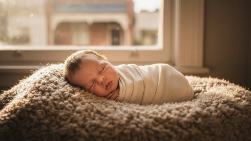 A serene and dramatically lit portrait of a newborn baby in a soft, ethereal wrap, gently cradled by their parent's hands in a sun-drenched Yarraville home, showcasing the gentle artistry of newborn photography.