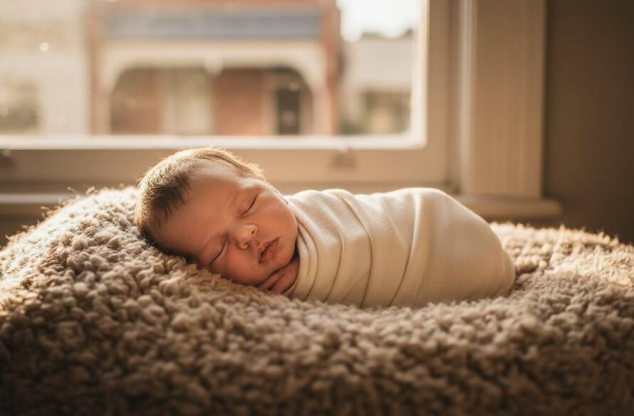 A serene and dramatically lit portrait of a newborn baby in a soft, ethereal wrap, gently cradled by their parent's hands in a sun-drenched Yarraville home, showcasing the gentle artistry of newborn photography.