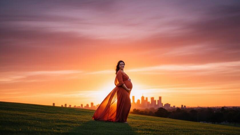 A glowing pregnant woman in an elegant flowing gown, silhouetted against a dramatic Yarraville sunset in Yarraville Gardens, capturing her serene Yarraville outdoor maternity photoshoot experience with a cinematic flair.