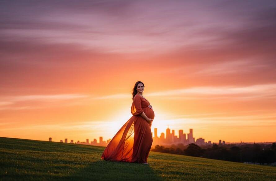 A glowing pregnant woman in an elegant flowing gown, silhouetted against a dramatic Yarraville sunset in Yarraville Gardens, capturing her serene Yarraville outdoor maternity photoshoot experience with a cinematic flair.