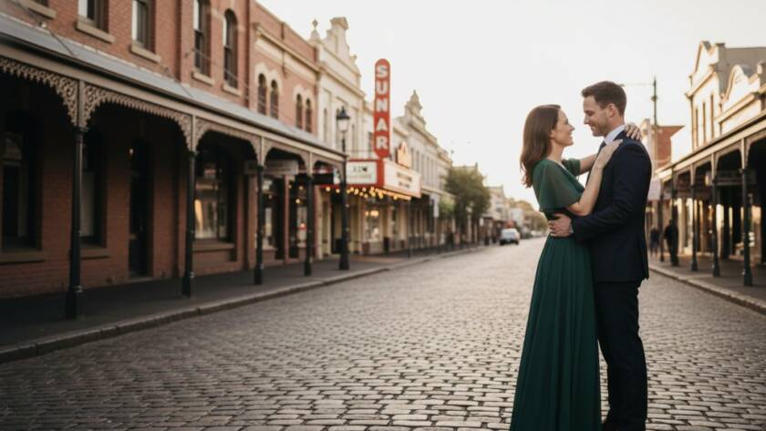 A couple shares a tender embrace at dusk on a historic Yarraville street, bathed in the golden hour glow, capturing their Yarraville pre-wedding photography unique cinematic moments with dramatic flair and professional colour grading.