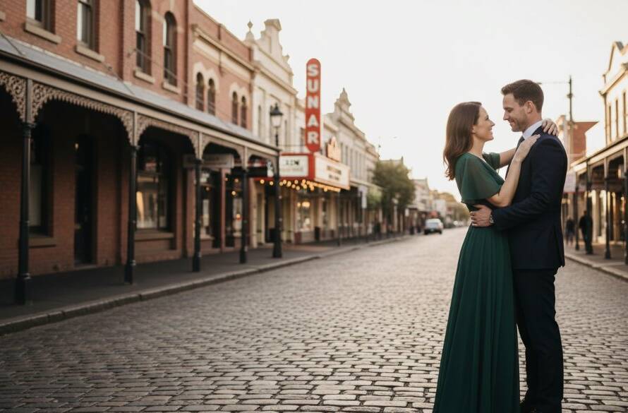 A couple shares a tender embrace at dusk on a historic Yarraville street, bathed in the golden hour glow, capturing their Yarraville pre-wedding photography unique cinematic moments with dramatic flair and professional colour grading.