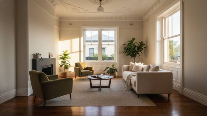 A wide-angle, sun-drenched interior shot showcasing the high ceilings and original decorative cornice of a beautifully staged Victorian terrace house in Yarraville, highlighting the Yarraville real estate photography professional advantage with a dramatic play of natural light.