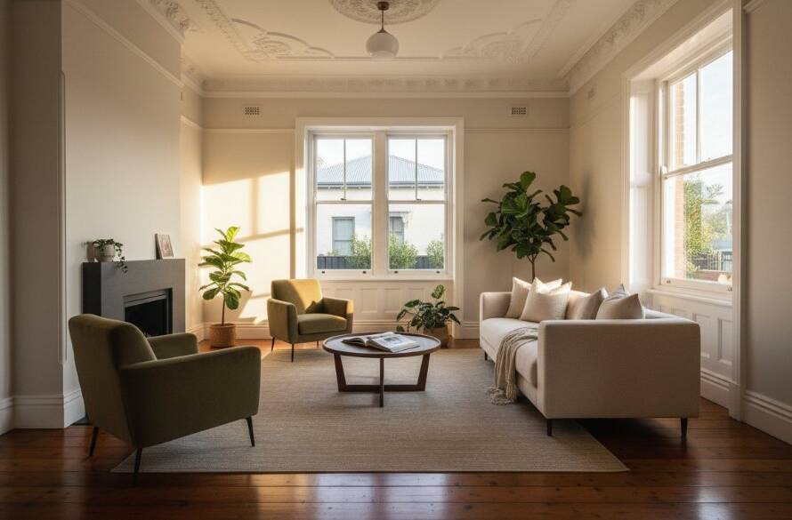 A wide-angle, sun-drenched interior shot showcasing the high ceilings and original decorative cornice of a beautifully staged Victorian terrace house in Yarraville, highlighting the Yarraville real estate photography professional advantage with a dramatic play of natural light.