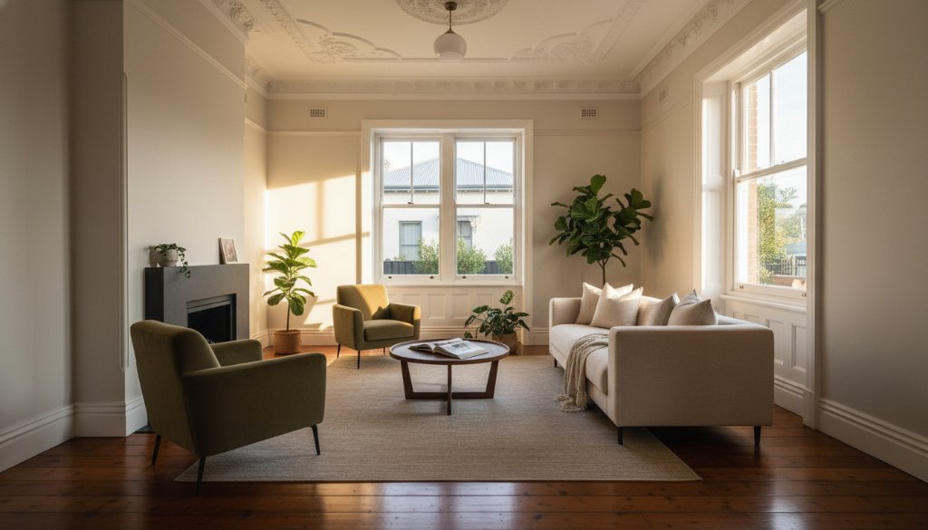 A wide-angle, sun-drenched interior shot showcasing the high ceilings and original decorative cornice of a beautifully staged Victorian terrace house in Yarraville, highlighting the Yarraville real estate photography professional advantage with a dramatic play of natural light.