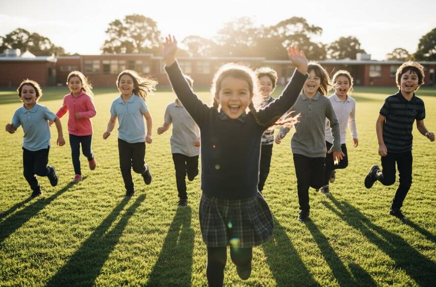A vibrant, low-angle shot of primary school children in Yarraville, running and laughing joyfully on a sunny oval, their faces beaming with candid joy, expertly captured by Yarraville school photography.