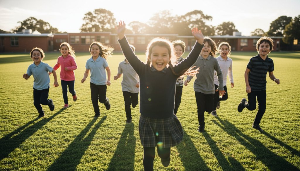 A vibrant, low-angle shot of primary school children in Yarraville, running and laughing joyfully on a sunny oval, their faces beaming with candid joy, expertly captured by Yarraville school photography.