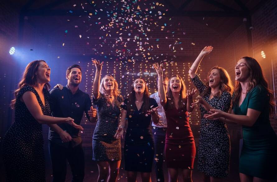 Close-up of a group of friends laughing and cheering under colourful disco lights at a lively Yarraville vibrant celebration photography event, capturing an epic moment of pure joy and connection.