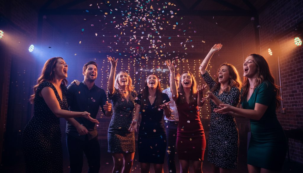 Close-up of a group of friends laughing and cheering under colourful disco lights at a lively Yarraville vibrant celebration photography event, capturing an epic moment of pure joy and connection.