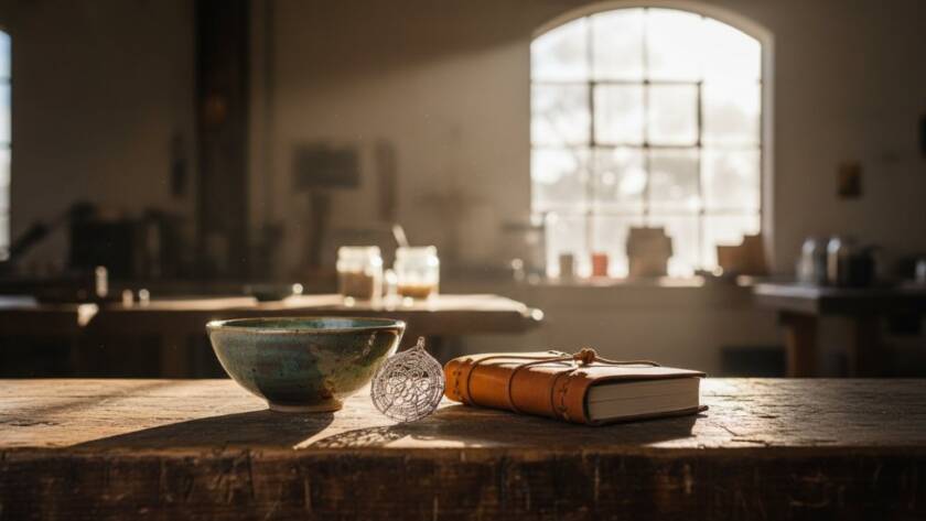 Dramatic shot of meticulously arranged artisanal ceramic mugs and a handcrafted wooden bowl, perfectly lit on a rustic timber table inside a sun-drenched Yarraville studio, highlighting the exquisite details for Yarraville Victoria artisanal product photography.