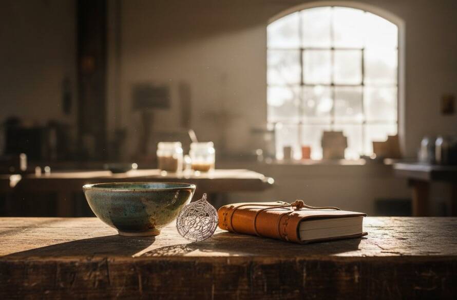 Dramatic shot of meticulously arranged artisanal ceramic mugs and a handcrafted wooden bowl, perfectly lit on a rustic timber table inside a sun-drenched Yarraville studio, highlighting the exquisite details for Yarraville Victoria artisanal product photography.