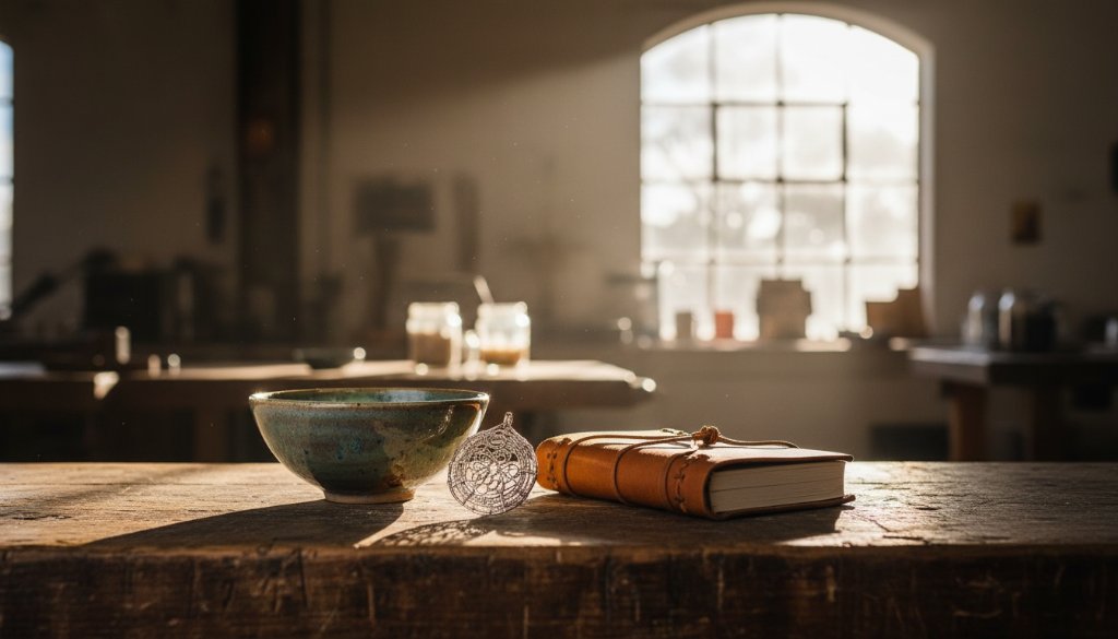 Dramatic shot of meticulously arranged artisanal ceramic mugs and a handcrafted wooden bowl, perfectly lit on a rustic timber table inside a sun-drenched Yarraville studio, highlighting the exquisite details for Yarraville Victoria artisanal product photography.