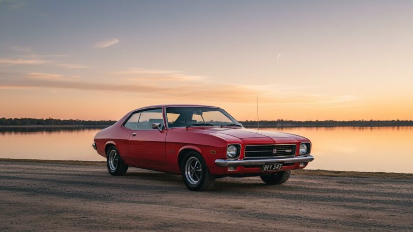 A vintage muscle car, gleaming in the golden hour, parked beside Lake Mulwala with the Yarrawonga sunset reflecting on its polished chrome, captured by Yarrawonga Automotive Photography capturing iconic lakeside moments. The scene evokes a sense of timeless adventure.