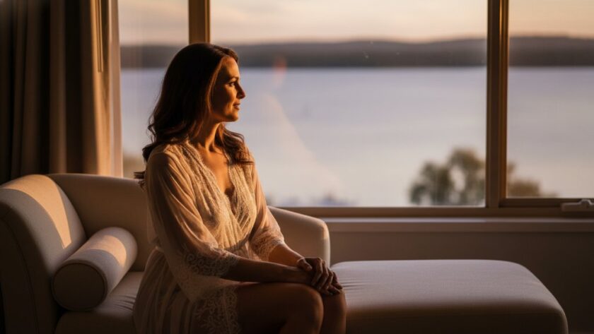 An ethereal portrait from a Yarrawonga boudoir photography session celebrating inner goddess, featuring a woman bathed in soft golden light by Lake Mulwala, exuding serene confidence and beauty.