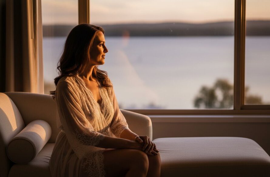 An ethereal portrait from a Yarrawonga boudoir photography session celebrating inner goddess, featuring a woman bathed in soft golden light by Lake Mulwala, exuding serene confidence and beauty.