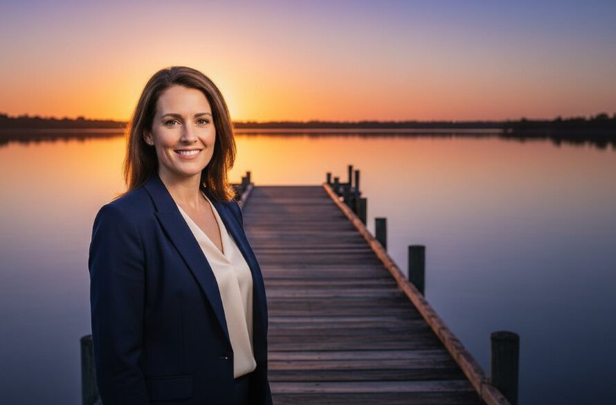 A confident female business professional, looking directly at the camera with a warm smile, set against the scenic backdrop of Lake Mulwala at sunset, embodying professional Yarrawonga corporate headshots for local professionals. Dramatic golden hour light illuminates her, creating a powerful and approachable 'epic moment' portrait.