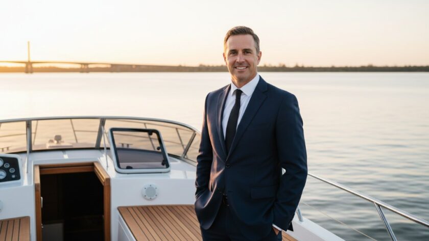A powerful, cinematic outdoor portrait of a confident executive smiling genuinely, set against the golden hour light reflecting off the Murray River in Yarrawonga, Victoria, perfectly embodying 'Yarrawonga Executive Headshots Capturing Authentic Personal Brand' with a sense of calm authority and natural beauty.