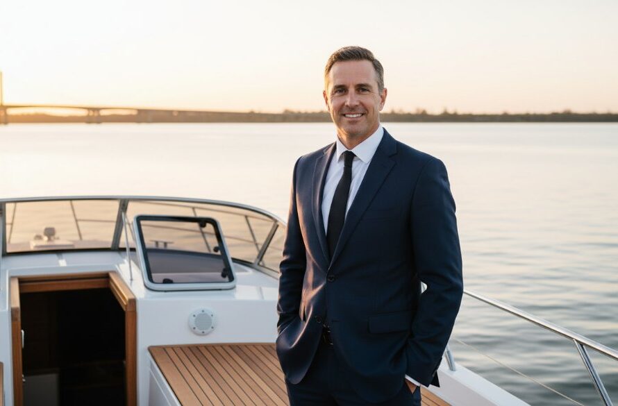 A powerful, cinematic outdoor portrait of a confident executive smiling genuinely, set against the golden hour light reflecting off the Murray River in Yarrawonga, Victoria, perfectly embodying 'Yarrawonga Executive Headshots Capturing Authentic Personal Brand' with a sense of calm authority and natural beauty.