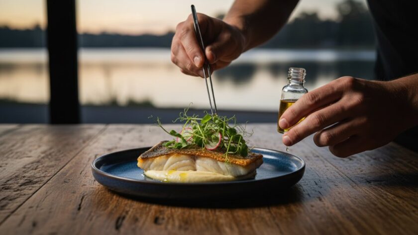 An epic moment captured: a perfectly plated, steaming gourmet breakfast dish from a Yarrawonga cafe, beautifully lit with natural morning light, showcasing professional Yarrawonga food photography for local cafes.