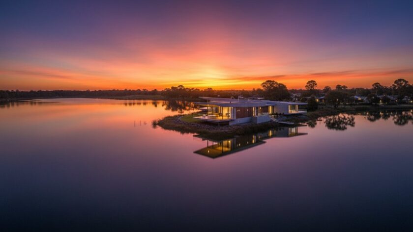An epic, high-angle panoramic shot showcasing the modern, sweeping lines of a luxury lakeside residence in Yarrawonga, bathed in dramatic golden hour light, exemplifying Yarrawonga Lakeside Architecture Photography Melbourne at its finest.