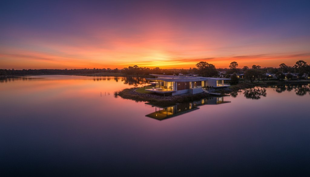 An epic, high-angle panoramic shot showcasing the modern, sweeping lines of a luxury lakeside residence in Yarrawonga, bathed in dramatic golden hour light, exemplifying Yarrawonga Lakeside Architecture Photography Melbourne at its finest.