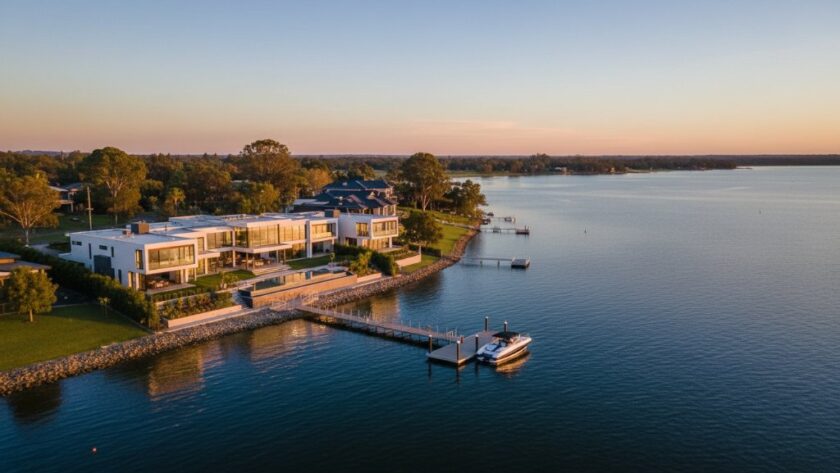 An aerial, cinematic shot capturing a luxurious Yarrawonga lakeside property at sunset, with golden light reflecting off Lake Mulwala, showcasing the stunning architectural details and expansive views, embodying Yarrawonga lakeside property photography expertise.