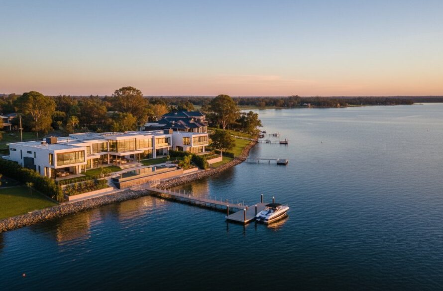 An aerial, cinematic shot capturing a luxurious Yarrawonga lakeside property at sunset, with golden light reflecting off Lake Mulwala, showcasing the stunning architectural details and expansive views, embodying Yarrawonga lakeside property photography expertise.