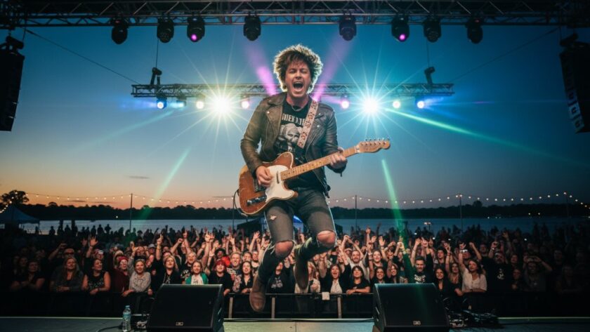Dramatic wide shot of a band's lead singer mid-scream, bathed in vibrant stage lights at a bustling outdoor Yarrawonga music festival, perfectly illustrating how Yarrawonga live music photography captures the energy of a performance.
