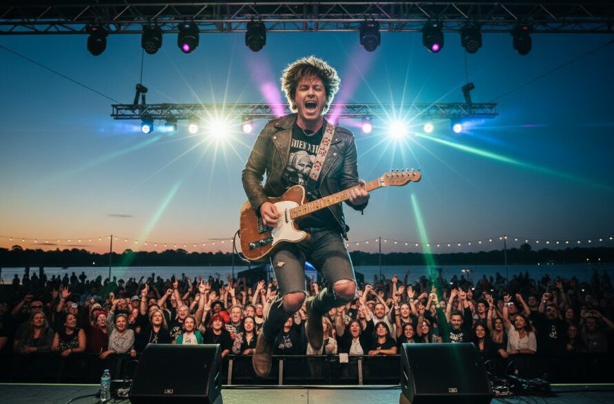 Dramatic wide shot of a band's lead singer mid-scream, bathed in vibrant stage lights at a bustling outdoor Yarrawonga music festival, perfectly illustrating how Yarrawonga live music photography captures the energy of a performance.