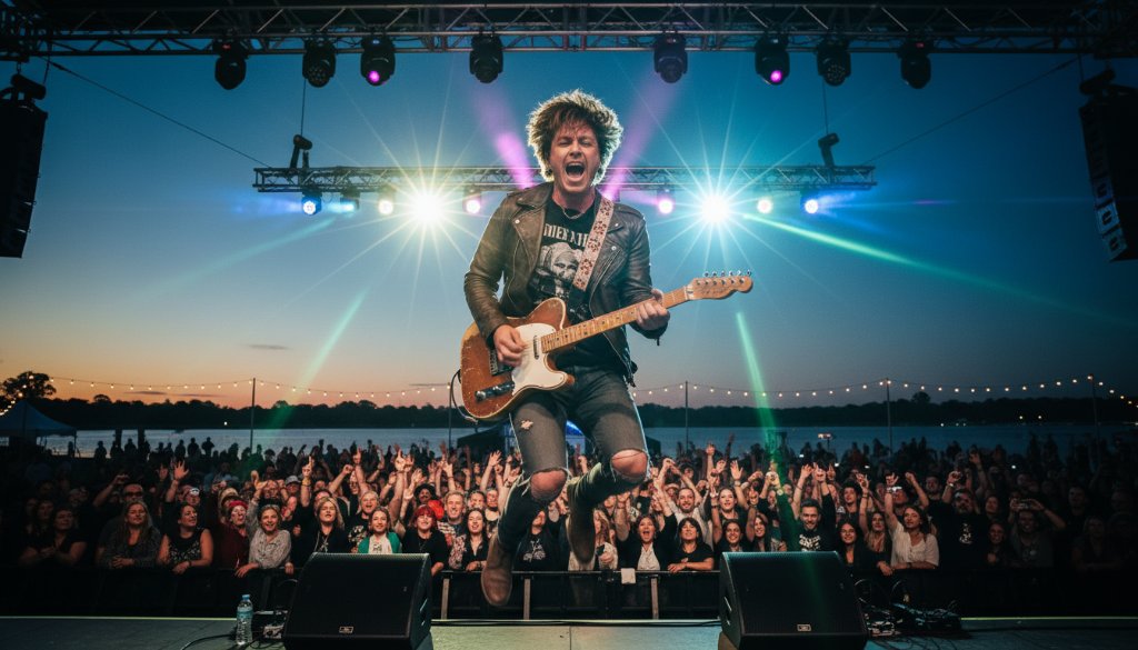 Dramatic wide shot of a band's lead singer mid-scream, bathed in vibrant stage lights at a bustling outdoor Yarrawonga music festival, perfectly illustrating how Yarrawonga live music photography captures the energy of a performance.