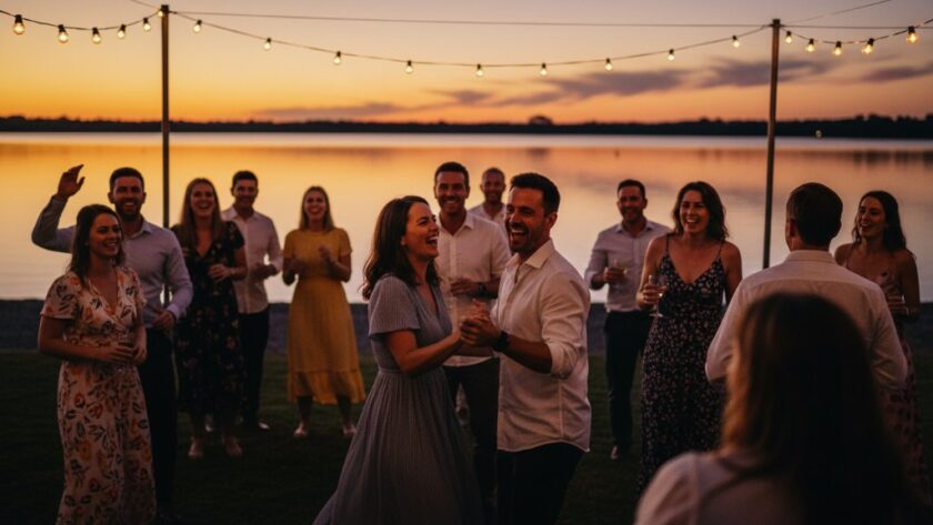 An epic moment of joyful guests dancing under string lights at a twilight lakeside party in Yarrawonga, professionally captured by Yarrawonga party photography capturing vibrant lakeside celebrations, with stunning dramatic lighting and rich colour grading.