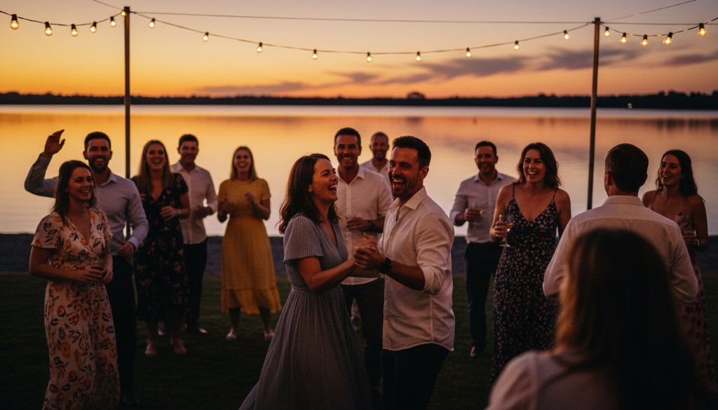 An epic moment of joyful guests dancing under string lights at a twilight lakeside party in Yarrawonga, professionally captured by Yarrawonga party photography capturing vibrant lakeside celebrations, with stunning dramatic lighting and rich colour grading.
