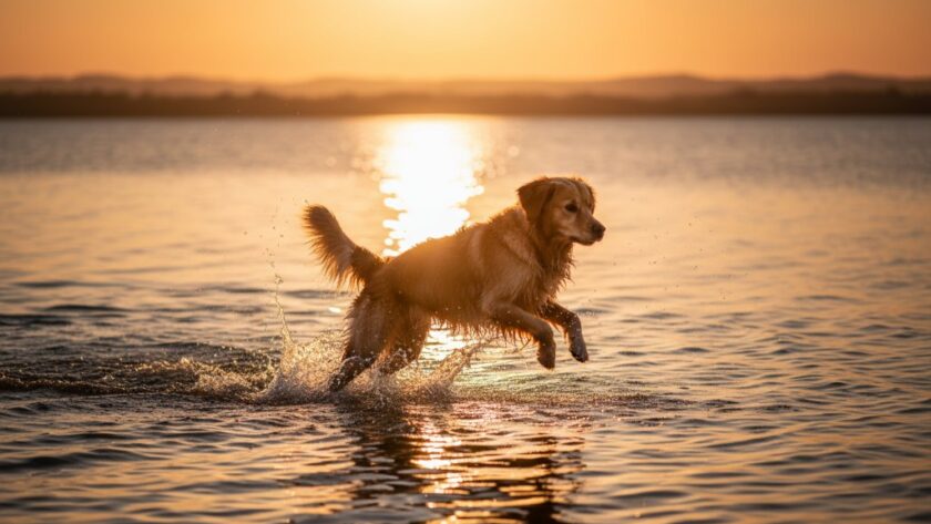 An epic moment of a golden retriever joyfully leaping through the golden light at sunset by Lake Mulwala, embodying Yarrawonga pet photography capturing cherished moments, with dramatic lighting and professional colour grading.