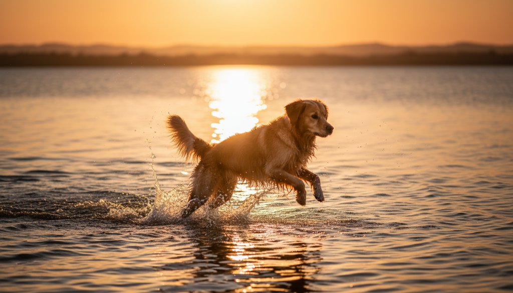 An epic moment of a golden retriever joyfully leaping through the golden light at sunset by Lake Mulwala, embodying Yarrawonga pet photography capturing cherished moments, with dramatic lighting and professional colour grading.