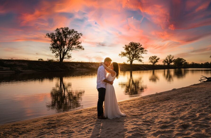 An epic moment from a Yarrawonga pre-wedding photoshoot stunning Murray River, featuring a couple embracing at sunset by the riverbank, dramatic golden light, and reflections on the water.