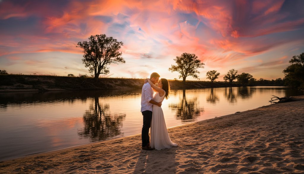 An epic moment from a Yarrawonga pre-wedding photoshoot stunning Murray River, featuring a couple embracing at sunset by the riverbank, dramatic golden light, and reflections on the water.