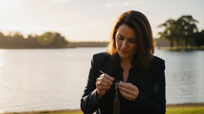 An epic moment captured in Yarrawonga Victoria branding photography for a local artisan, showcasing a craftsman intently working on a bespoke wooden piece under the golden hour light by Lake Mulwala, with sun flares and a strong sense of purpose.