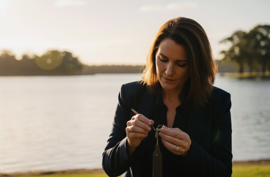 An epic moment captured in Yarrawonga Victoria branding photography for a local artisan, showcasing a craftsman intently working on a bespoke wooden piece under the golden hour light by Lake Mulwala, with sun flares and a strong sense of purpose.