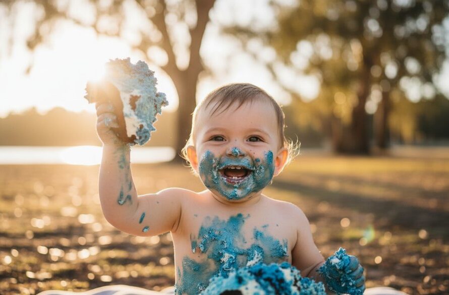 An 'epic moment' photograph of a joyous baby at their Yarrawonga Victoria First Birthday Cake Smash Photoshoot, covered in cake, laughing exuberantly amidst a beautifully decorated outdoor setting near Lake Mulwala, with golden hour sunlight highlighting the joyful chaos and creating a magical, cinematic glow.